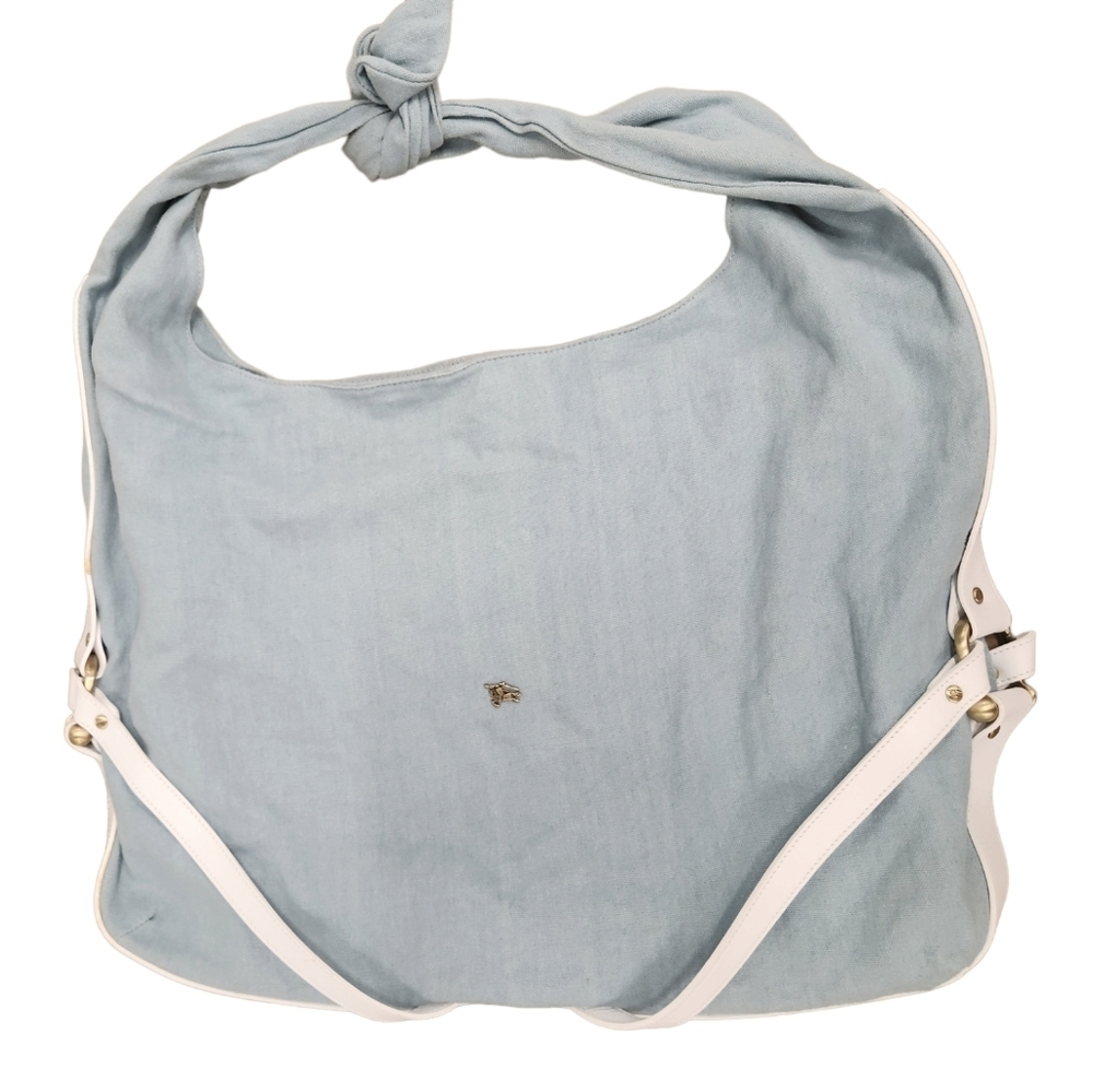 Burberry Prorsum Light Blue Linen & White Leather Large Tote